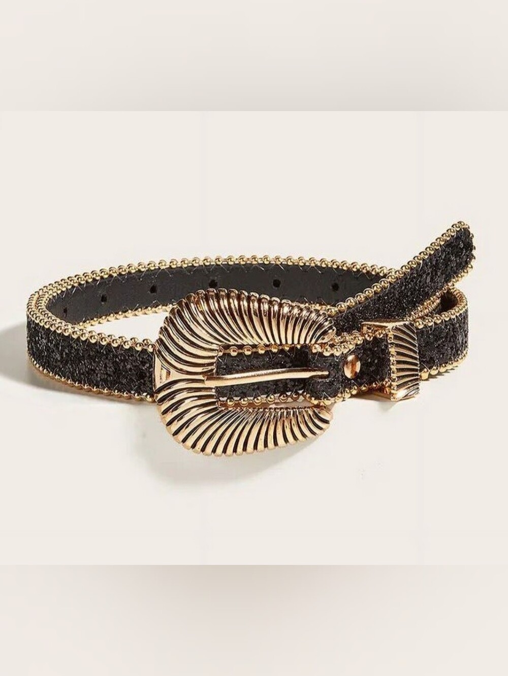 Black Chrystal Belt with Gold Sculpted Buckle - Women Accessories